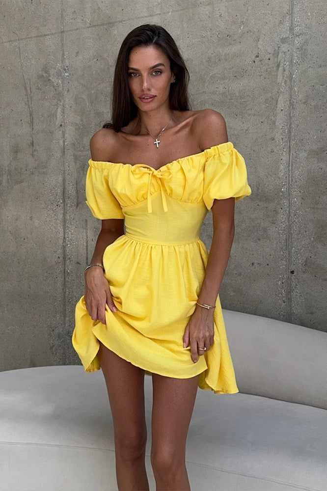 Shoulder Off Tie Waist Mini Dress