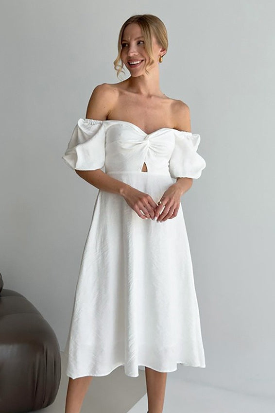 Shoulder Off Puff Sleeve Cotton Midi Dress