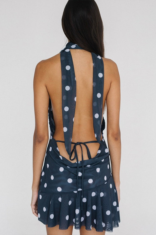 Dot Polka Halter Backless Mesh Mini Dress