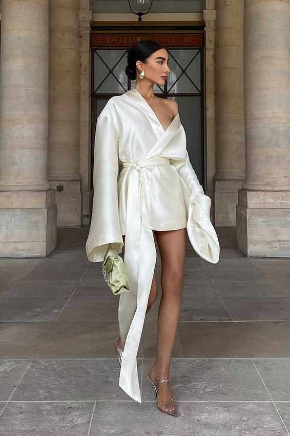 Tie Satin Front Loose Sleeve Mini Dress