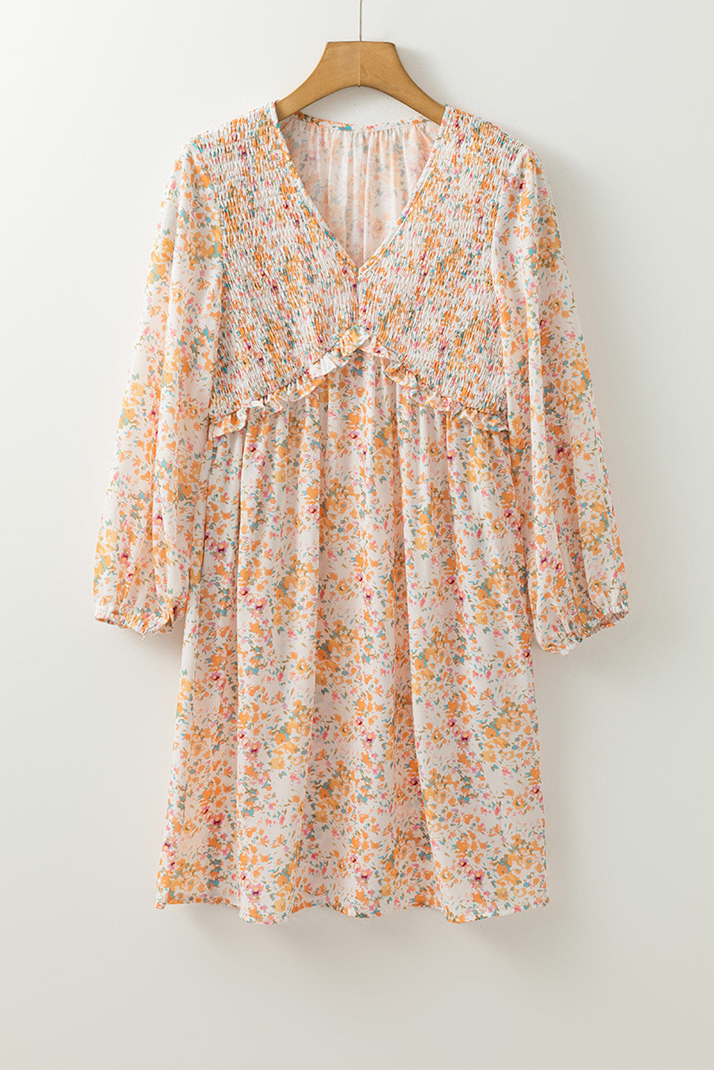 Yellow Boho Bloom V Neck Ruffled Empire Waist Long Sleeve Mini Dress