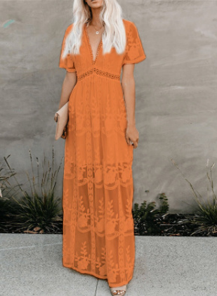 Chic V-neck High Waist Embroidered Lace Maxi Dress Real Shot