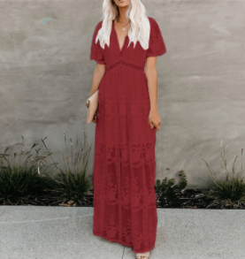 Chic V-neck High Waist Embroidered Lace Maxi Dress Real Shot