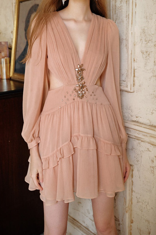 Cut Crystal Out Ruched Mini Dress