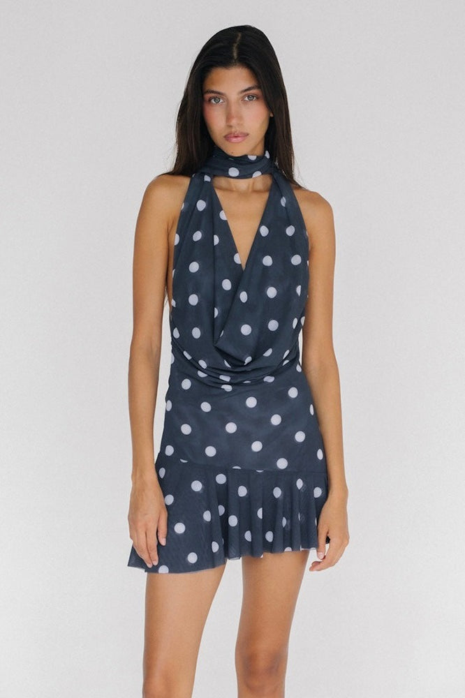 Dot Polka Halter Backless Mesh Mini Dress