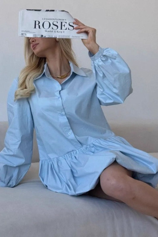 Sleeve Puff Buttoned Mini Dress