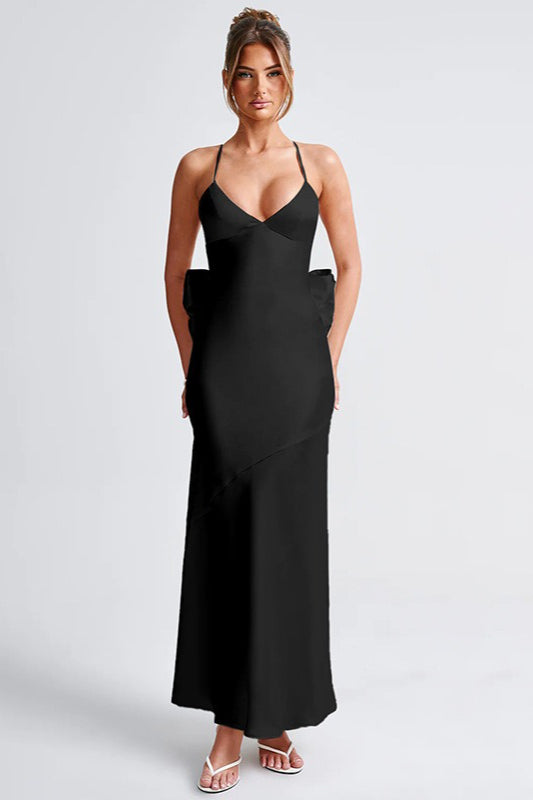Satin Edition Maxi Dress with Bow Detail Silk Dress