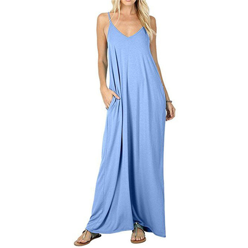 Stroll Park Cotton Linen Pocketed Midi Dress Denim Blue