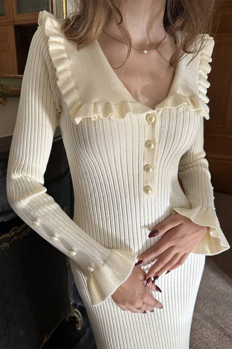 Chic Edition Ruffled Collar Knitted Maxi Sweater Dress