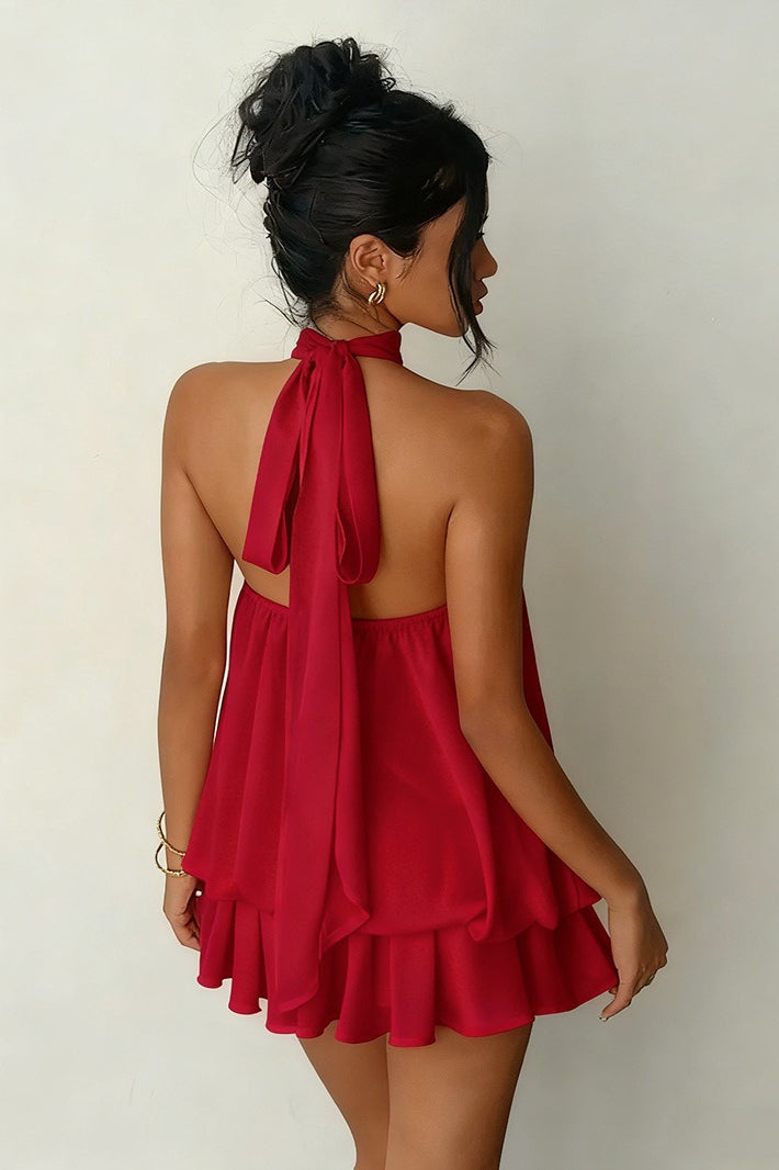 Alluring Backless Halter Tie Waist Slim Fit Ruffled Mini Dress