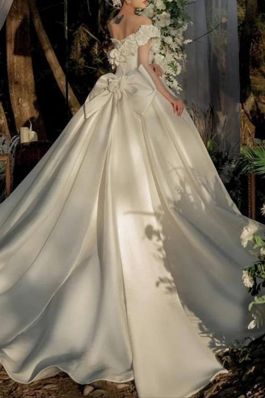 Open Shoulder Satin Train Wedding Dress