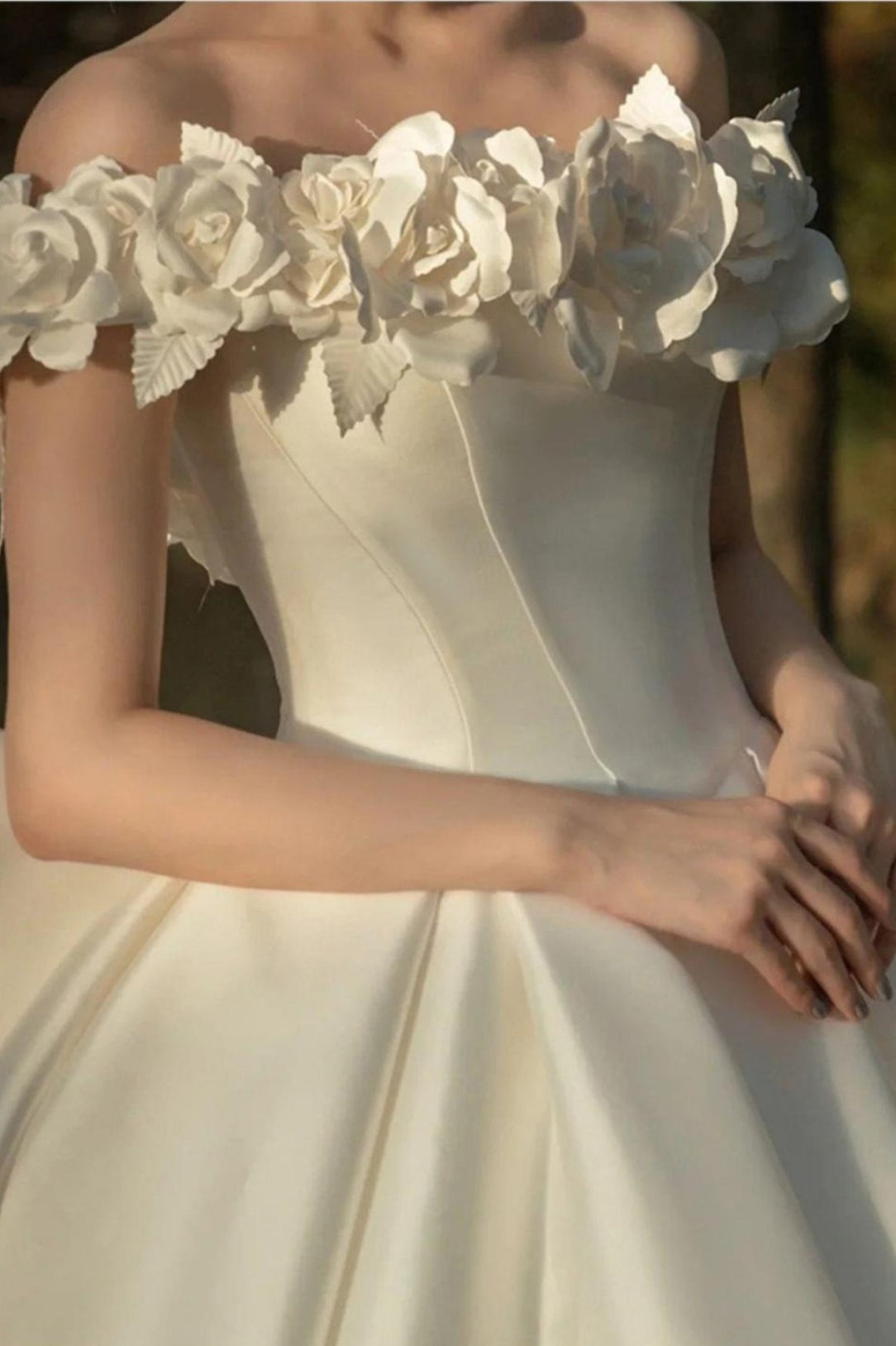 Open Shoulder Satin Train Wedding Dress
