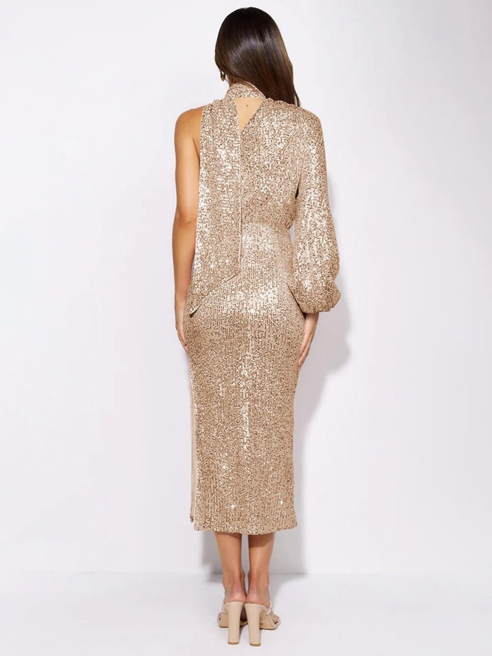 Halterneck Sequins Asymmetry Midi Dress