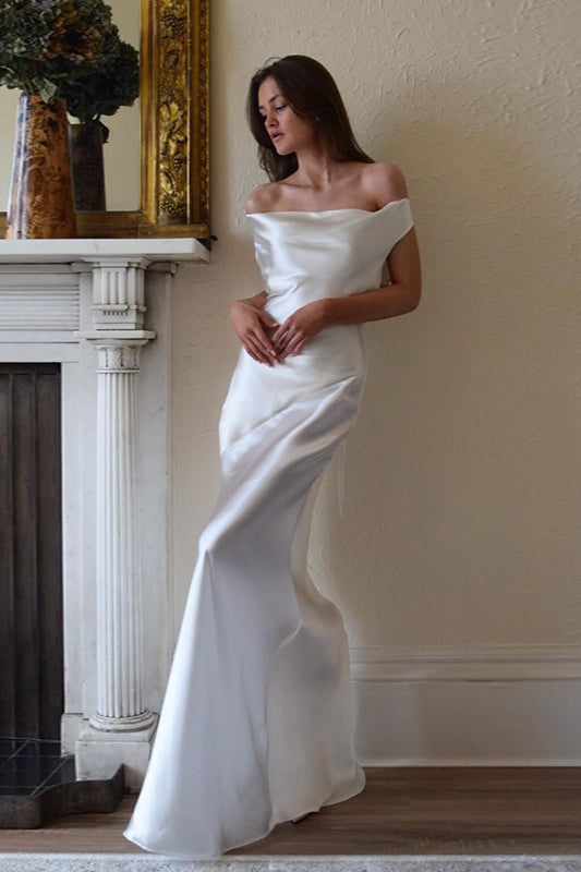 Satin Off Shoulder Backless Tie Waist Slim Fit Long Chic Prom Dress