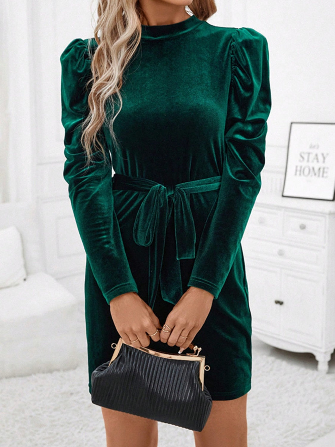 Timeless Noemí Mini Dress with Stand Up Collar, Tie Waist and Puff Sleeves Premium Wardrobe Essential