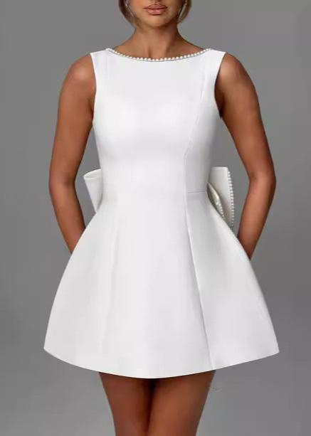 Trimmed Pearl Bow Back Mini Dress Chic Elegance