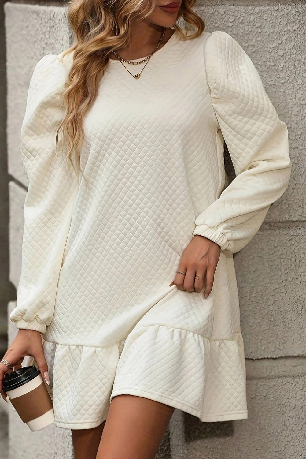 Effortless Ariana White Structured Mini Dress with Ruffle Hem and Grid Pattern Elevated Occasion Wear