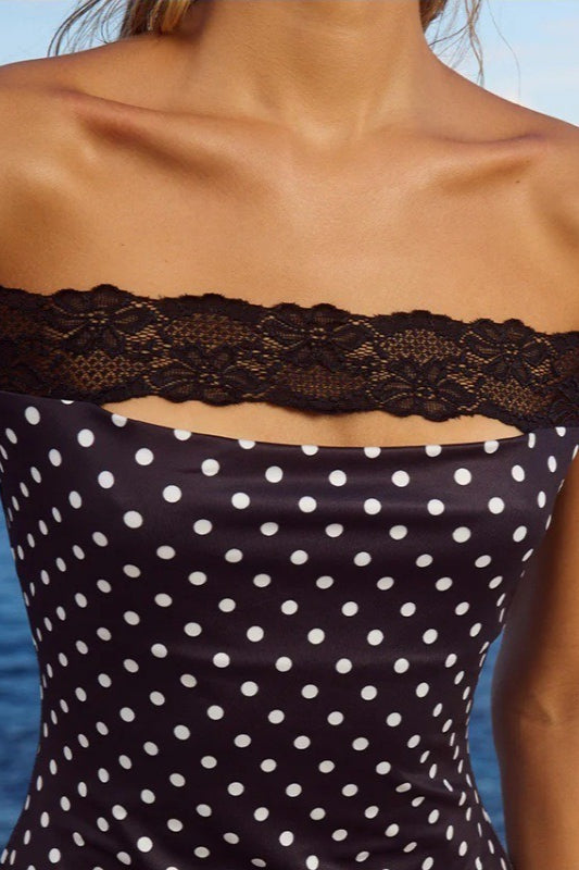 Lace OffShoulder Trim Polka Dot Bodycon Mini Dress