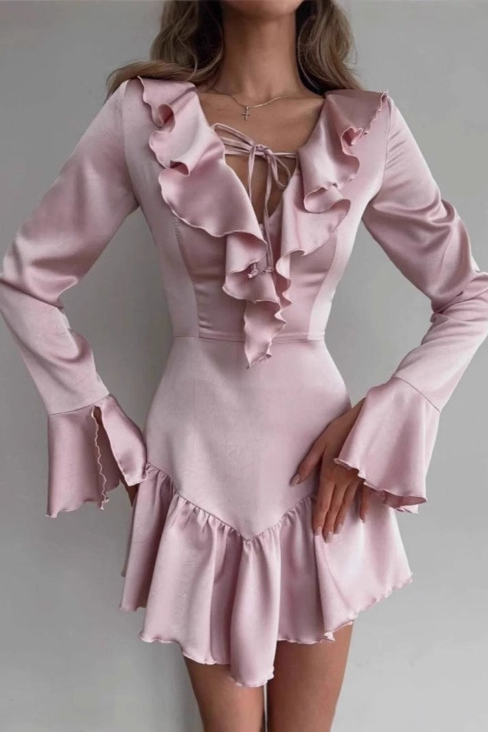 Neck V Ruffled Tie Midi Dress