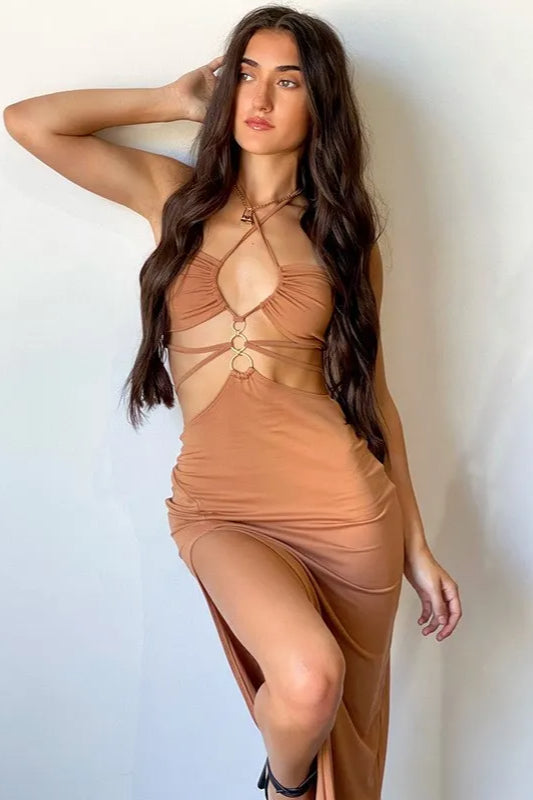 Baring Midriff Ruched Midi Dress