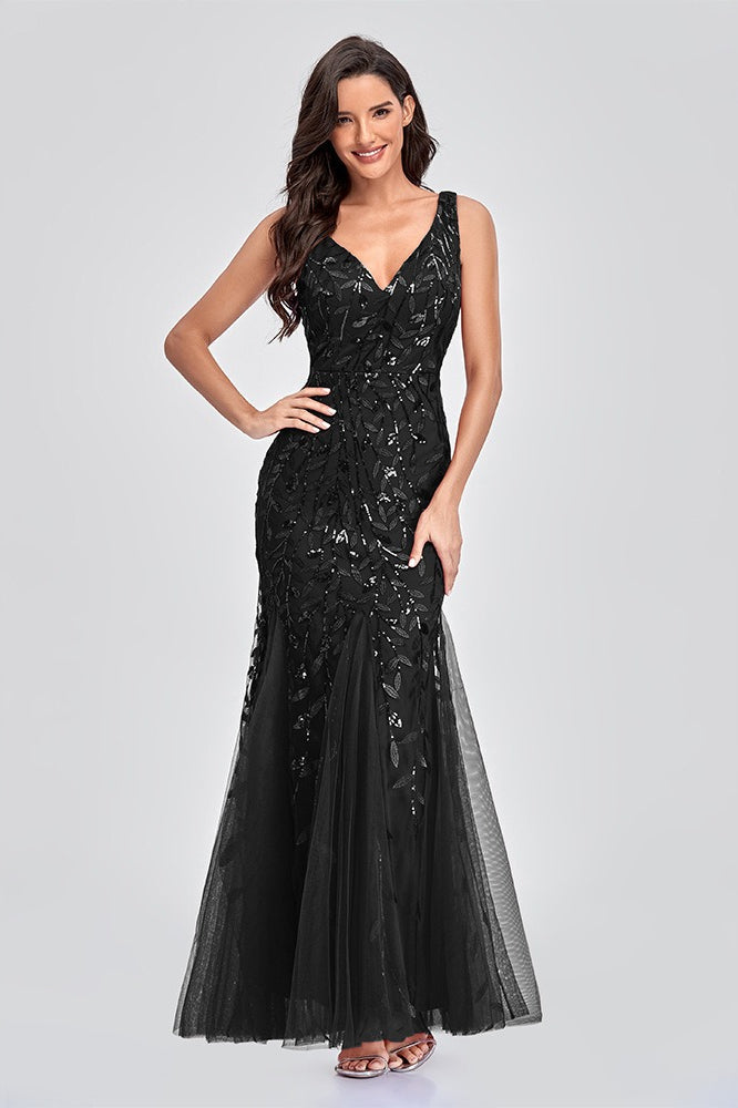 V Neck Sheer Embroidered Sequin Chic Prom Dress