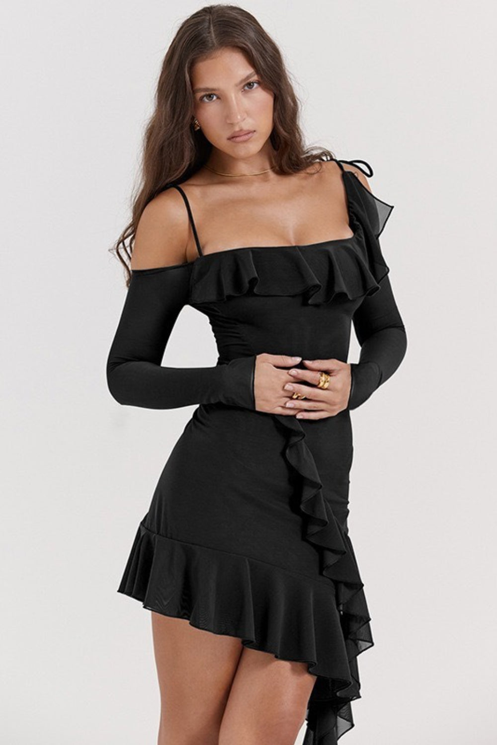 One Ruffled Shoulder Bodycon Midi Dress