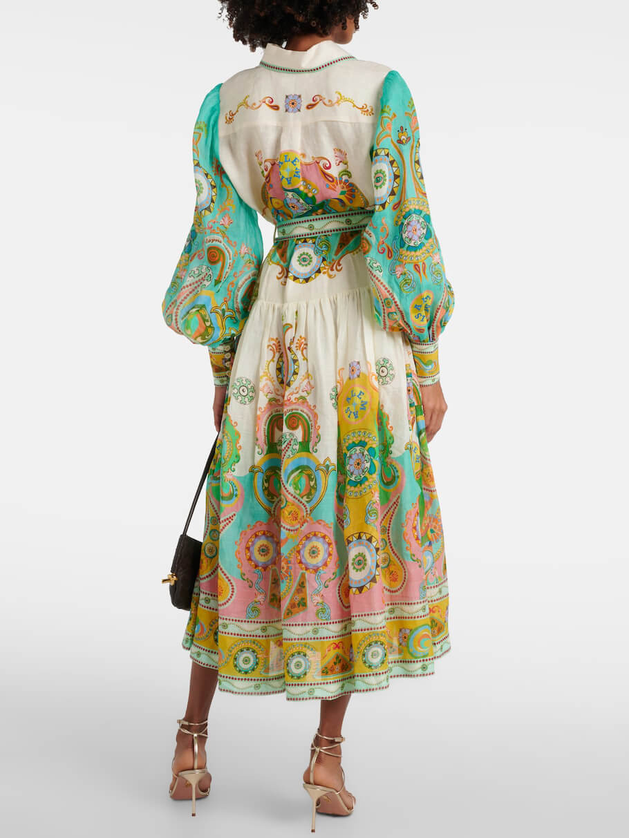 Exquisite Unique Fashion Print Puff Sleeve Tie Midi Dress