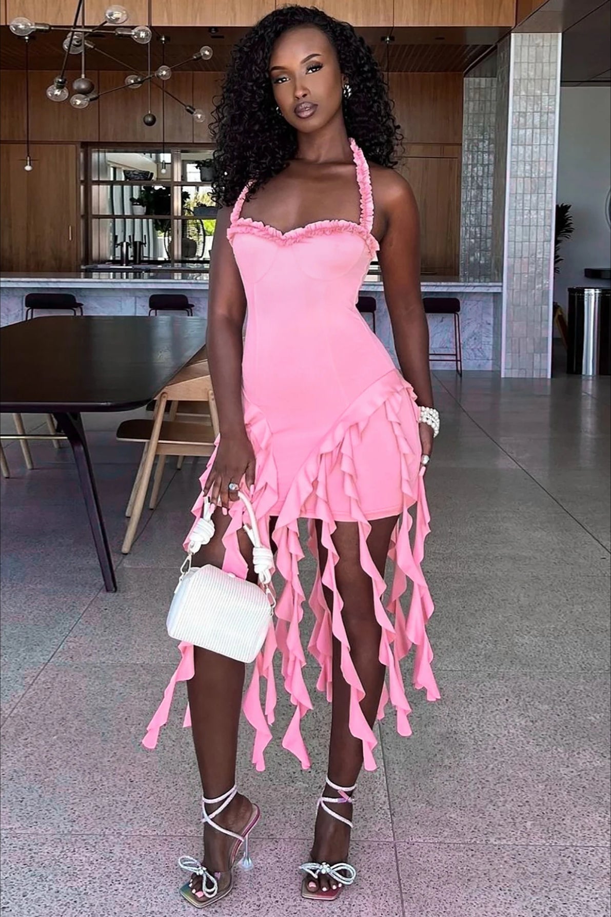 Ruffle Halter Patchwork Mini Dress