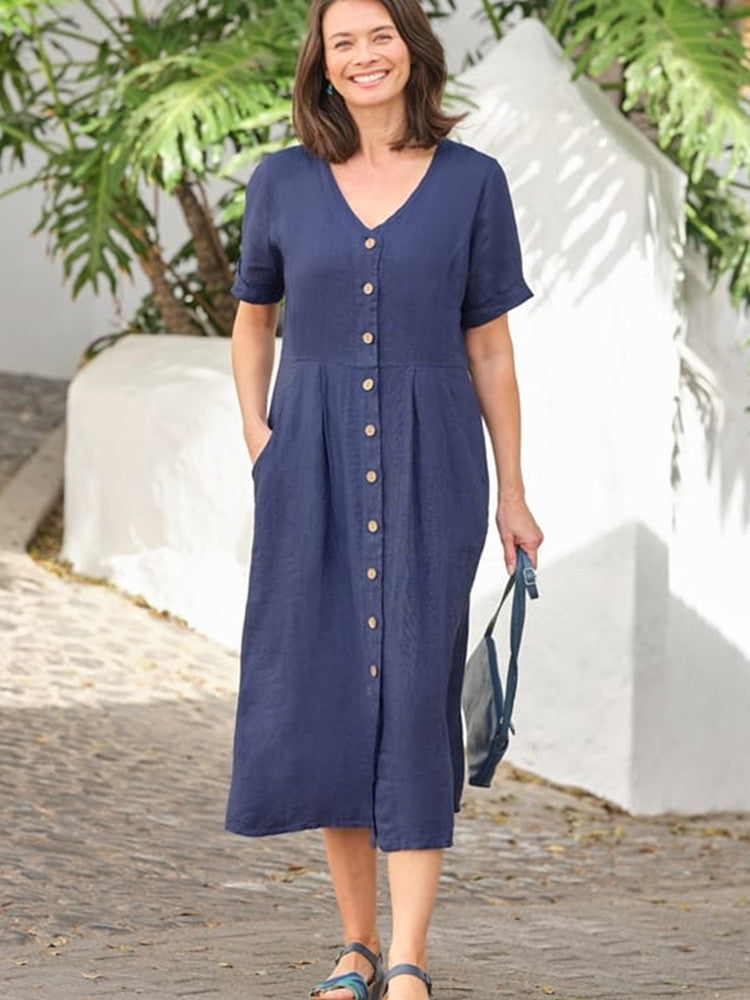 Neck V Linen Button Down Midi Dress with Pocket In Navy