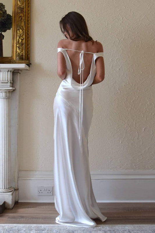 Satin Off Shoulder Backless Tie Waist Slim Fit Long Chic Prom Dress