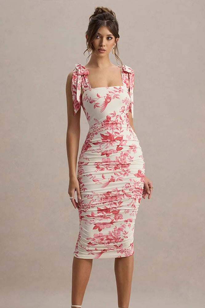 Classic Print Ruched Midi Dress