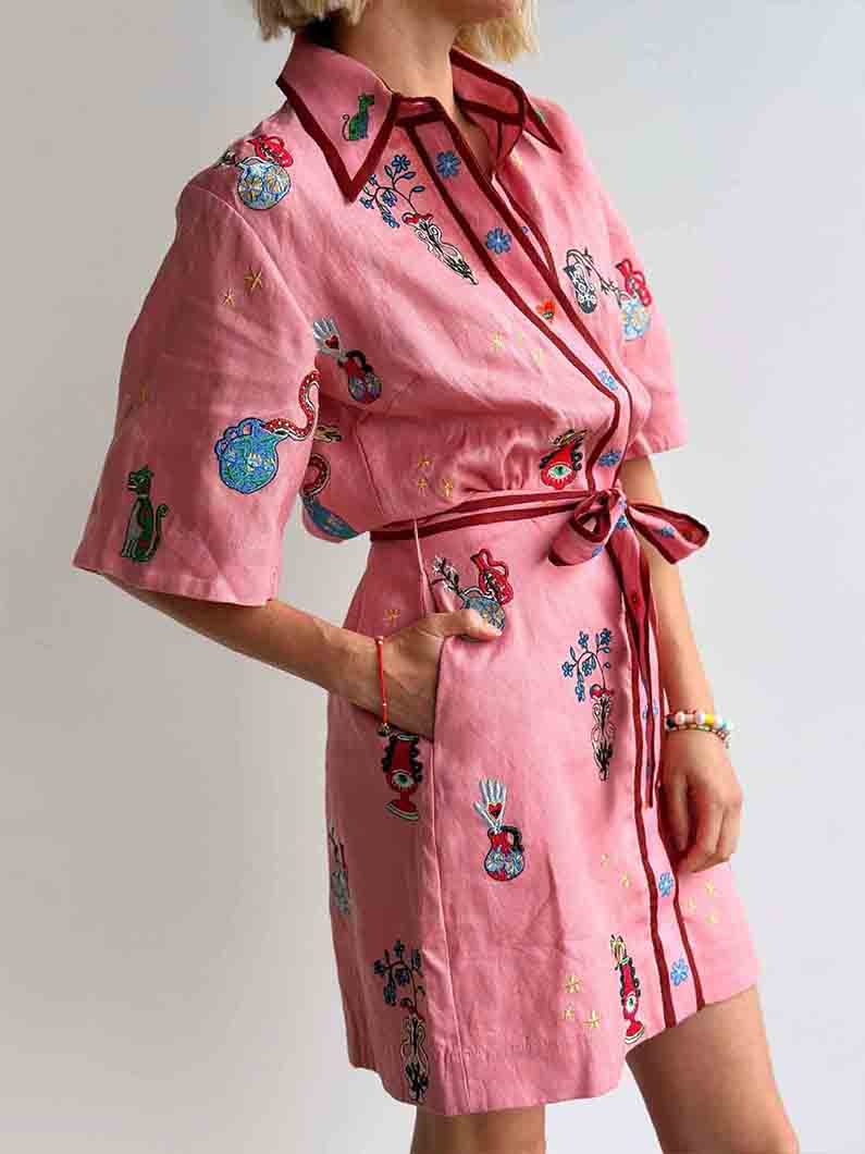 Relaxed Printed Shirt Collar Single breasted Mini Dress