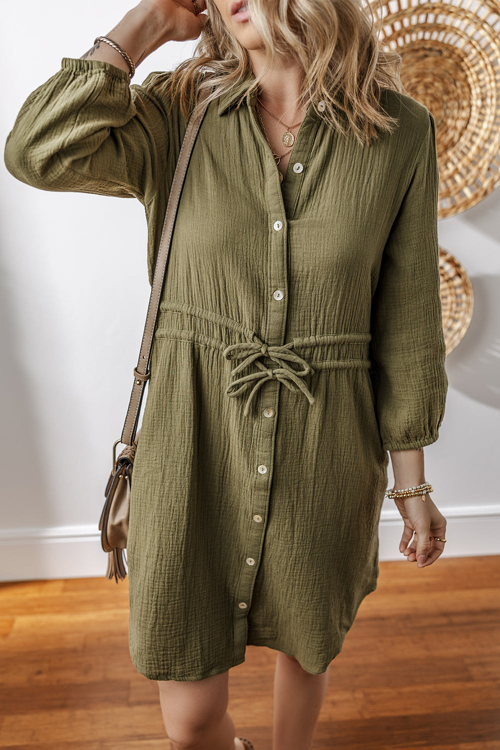Green Jungle Textured Bracelet Sleeve Collared Button Up Dual Tied Mini Dress