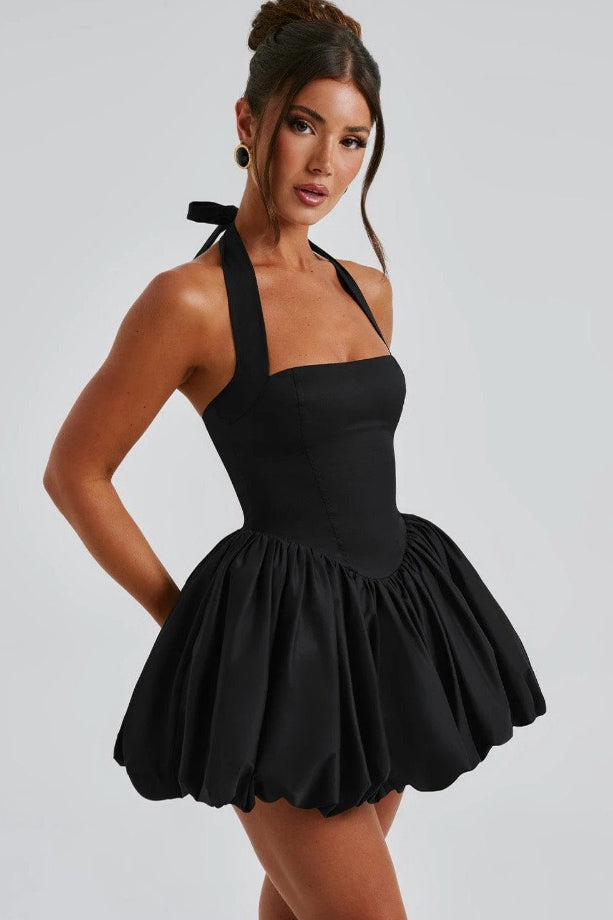 Refined Halter Tie Bow Puffy Hem Mini Dress