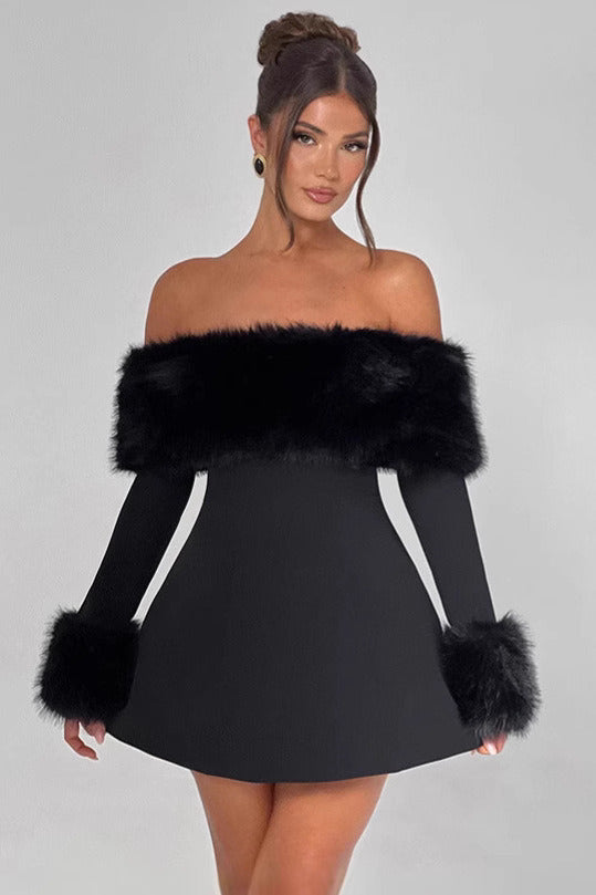 Fur Faux Collar Off Shoulder Bodycon Dress