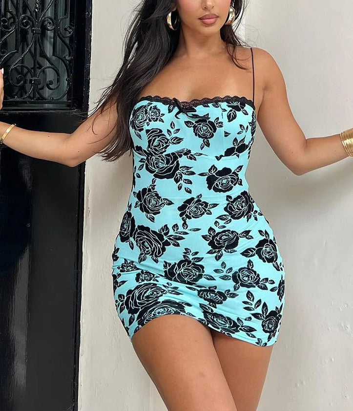 Flower Satin Lace Trimmed Mini Dress