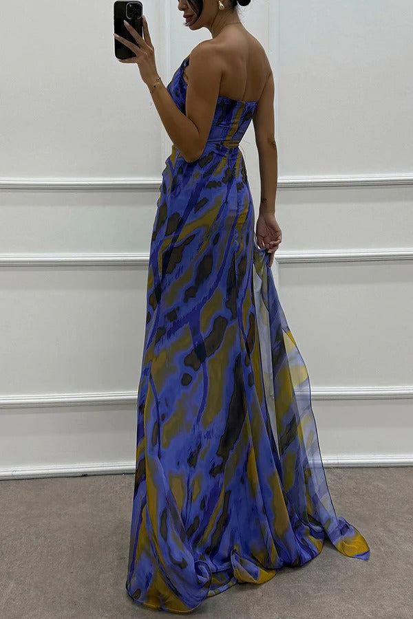 Renee Exclusive Amazing Views Off Shoulder Pleated Slit Maxi Dress with Feather Rose Detail in Watercolor Print Chic Silhouette Collection