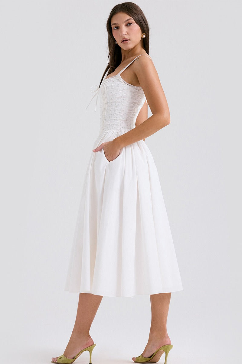 Lace White Spaghetti Strap Midi Dress