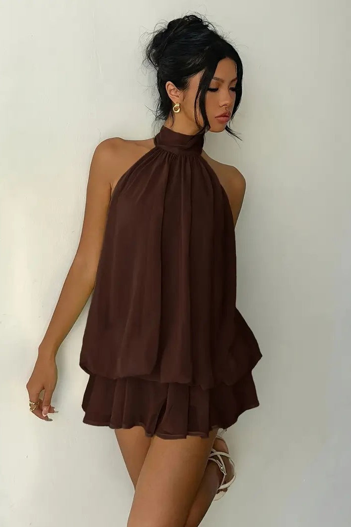 Alluring Backless Halter Tie Waist Slim Fit Ruffled Mini Dress