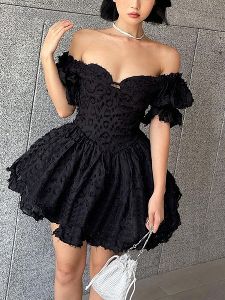 Lolita Summer Retro High Waist Black Ball Gown Goth Aesthetic Puff Sleeve Vneck Corset Mini Dress