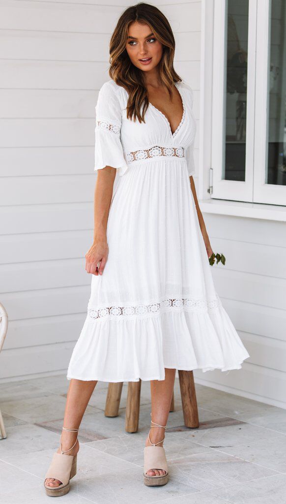 Tiered Jaylan Crochet Lace Midi Dress Off White FINAL