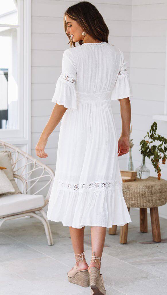 Tiered Jaylan Crochet Lace Midi Dress Off White FINAL