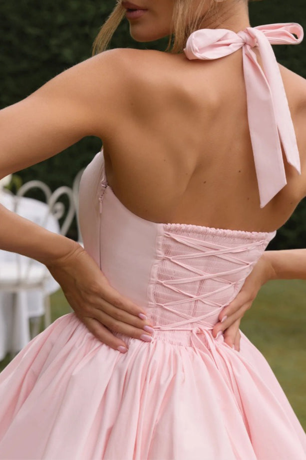 Refined Halter Tie Bow Puffy Hem Mini Dress