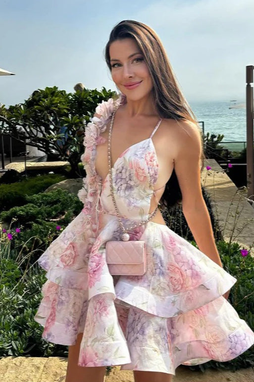 Out Cut Open Back Print Mini Dress