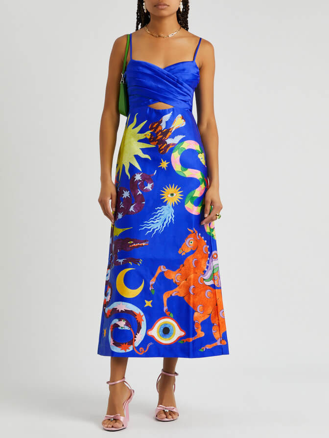 Summer Chic Satin Backless Printed Sleeveless Midi Dress