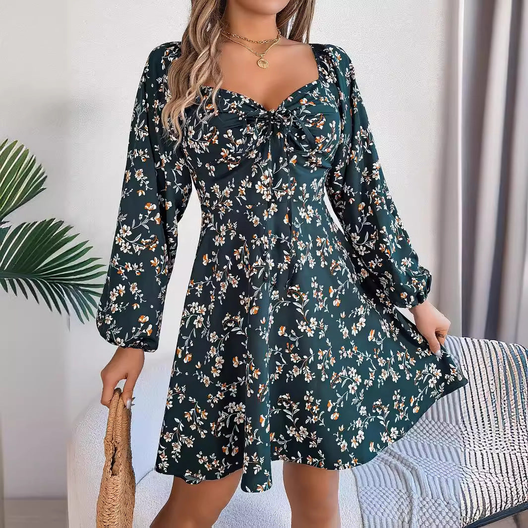 Elizabeth Minimalist Long Sleeved Botanical Lantern Mini Dress Chic Silhouette Collection