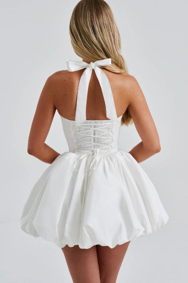 Refined Halter Tie Bow Puffy Hem Mini Dress
