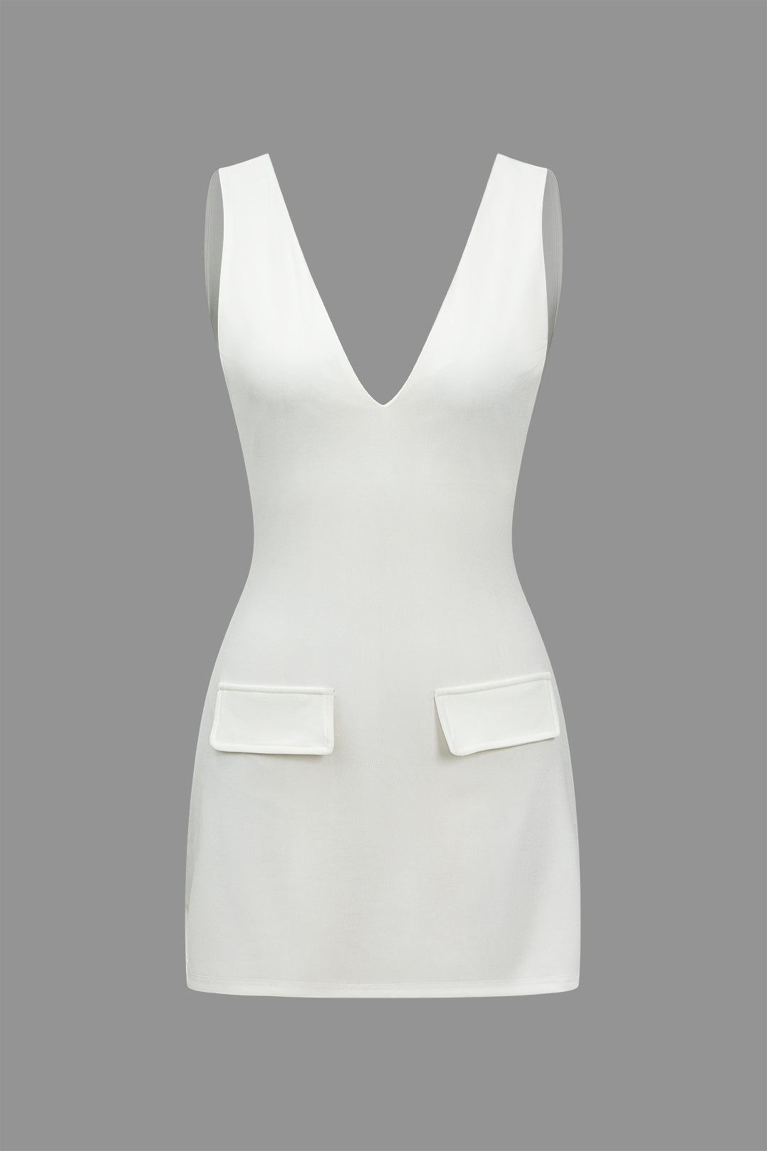 V Solid neck Fake Pocket Mini Dress