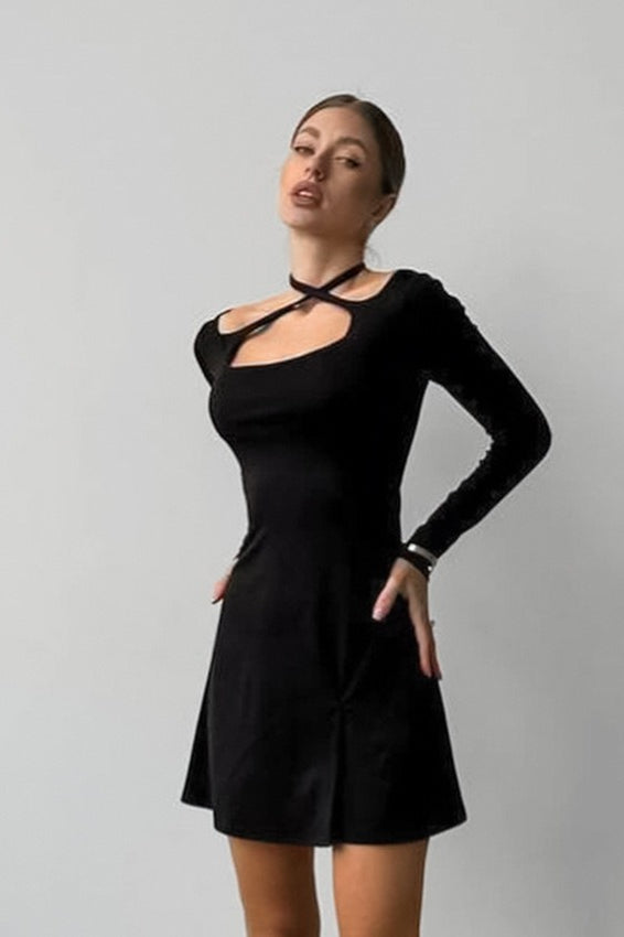 Knit Black Square Neck Mini Dress