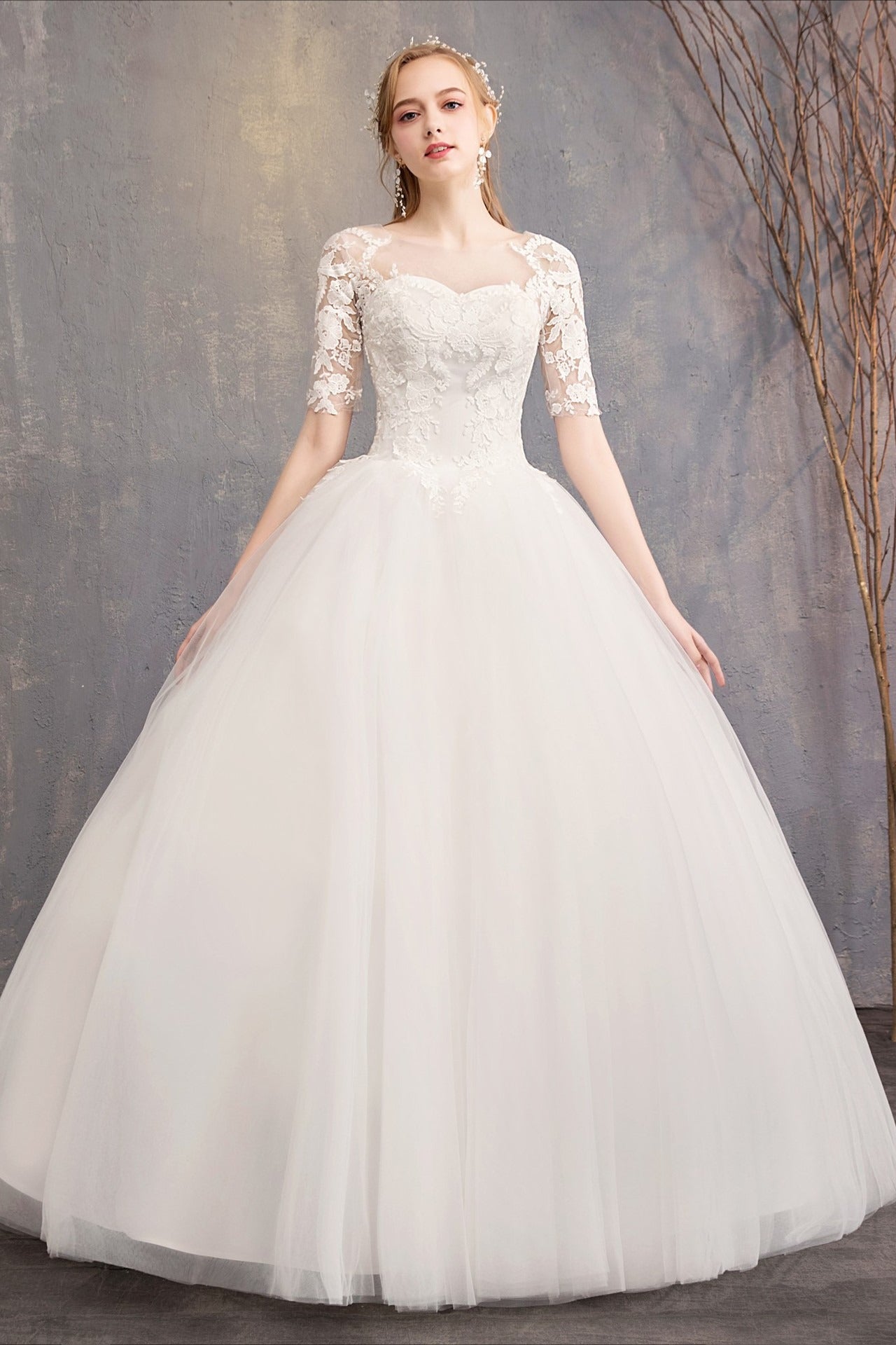 Lace Three Quarter Sleeved Wedding Dress